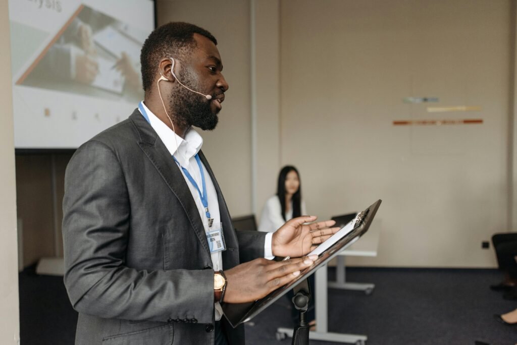 A man delivering a talk